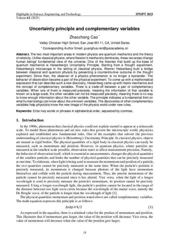 (PDF) Uncertainty principle and complementary variables