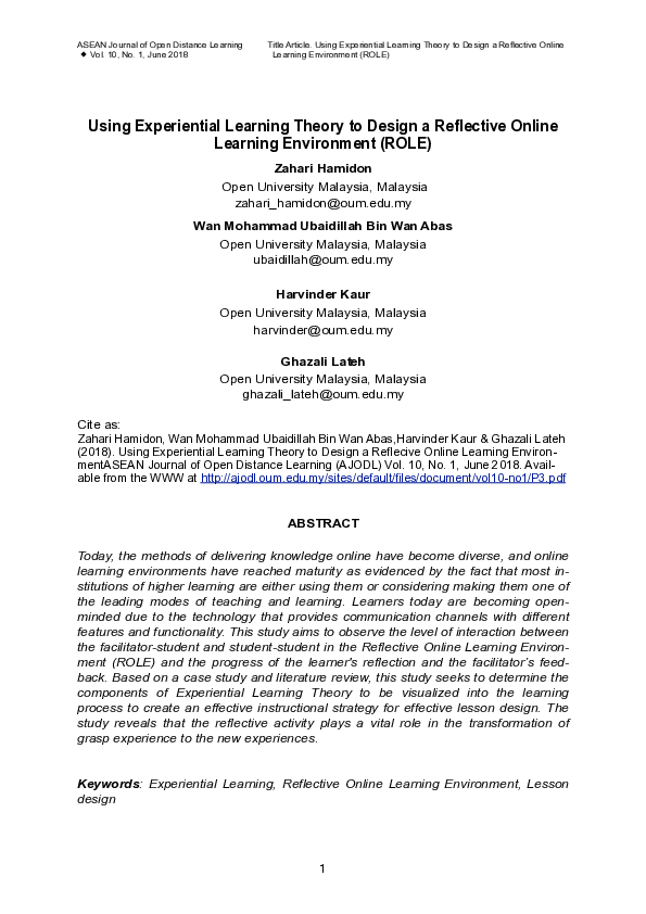 (PDF) Using Experiential Learning Theory to Design a Reflective Online ...
