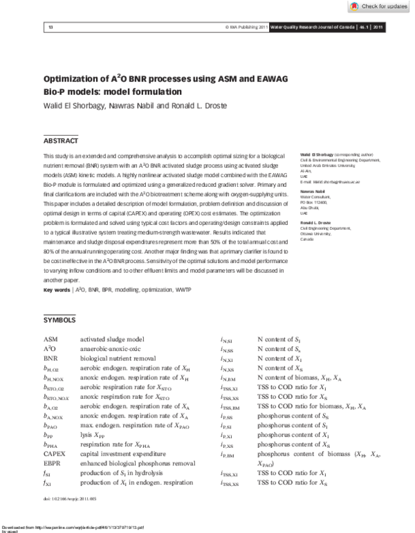 (PDF) Optimization of A2O BNR Processes Using ASM and EAWAG Bio‐P ...