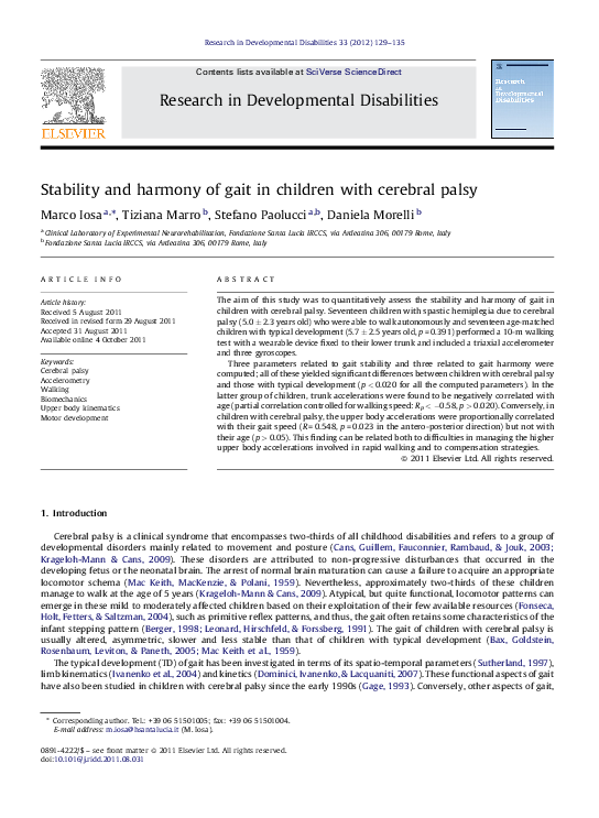 (PDF) Stability and harmony of gait in children with cerebral palsy