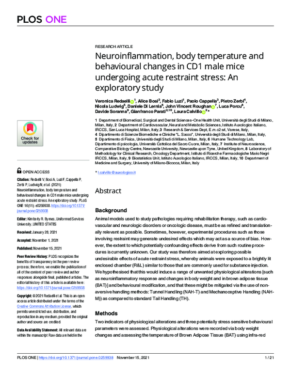 Neuroinflammation, body temperature and behavioural changes in CD1 male mice undergoing acute restraint stress: An exploratory study