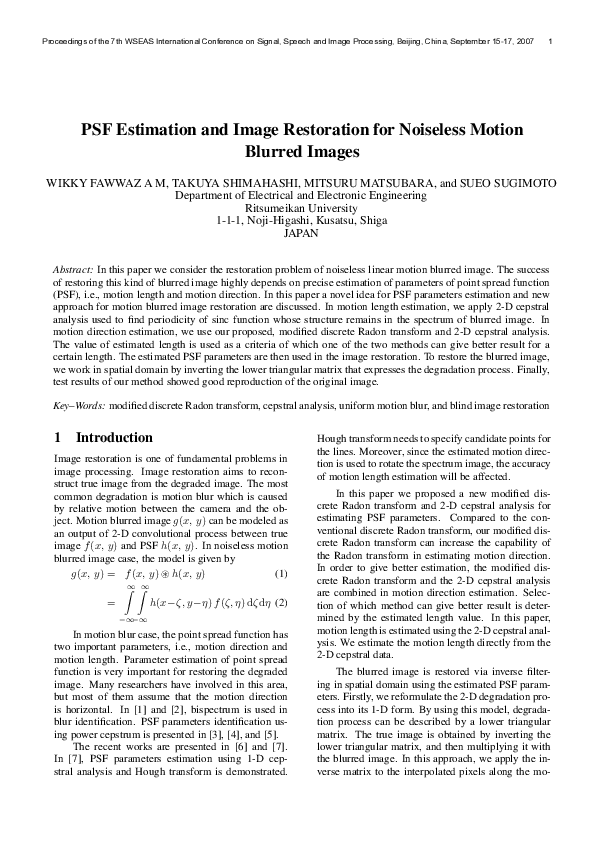 (PDF) PSF estimation and image restoration for noiseless motion blurred ...