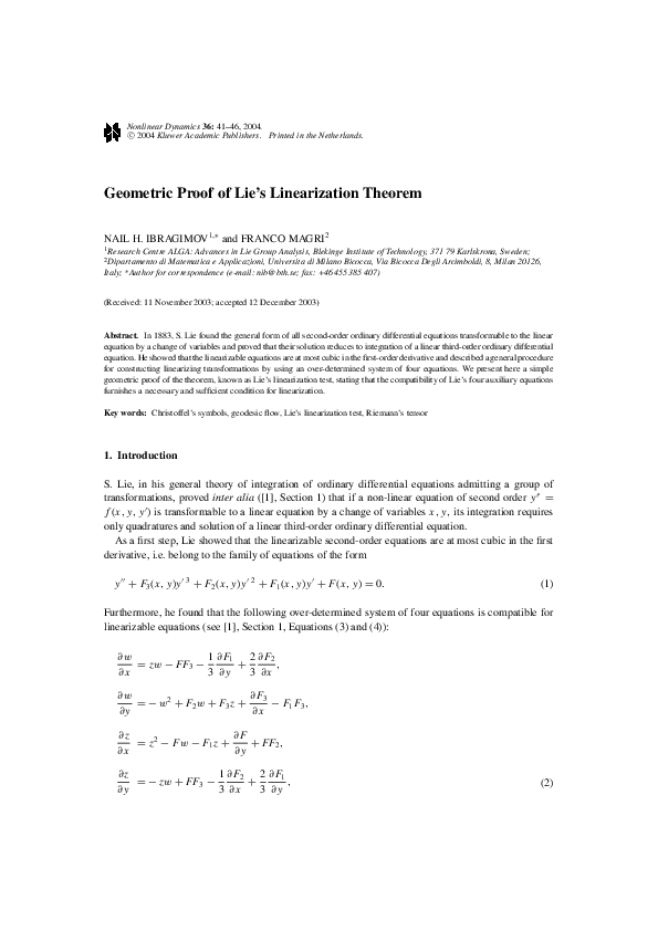 (PDF) Geometric Proof of Lie's Linearization Theorem