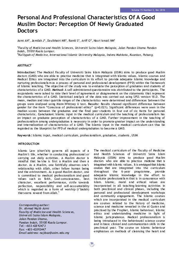 (PDF) Personal And Professional Characteristics Of A Good Muslim Doctor ...