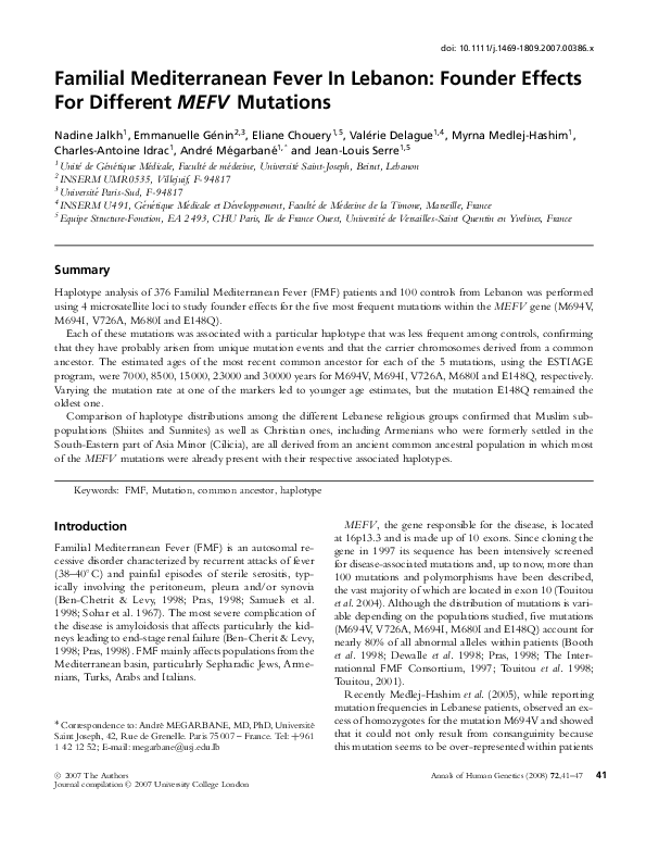 (PDF) Familial Mediterranean Fever In Lebanon: Founder Effects For ...