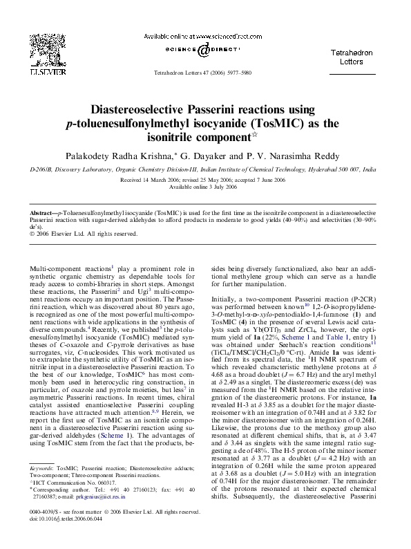(PDF) Diastereoselective Passerini reactions using p ...