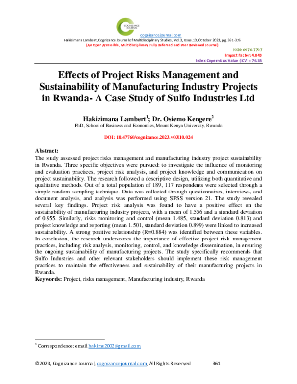 (PDF) Effects of Project Risks Management and Sustainability of ...