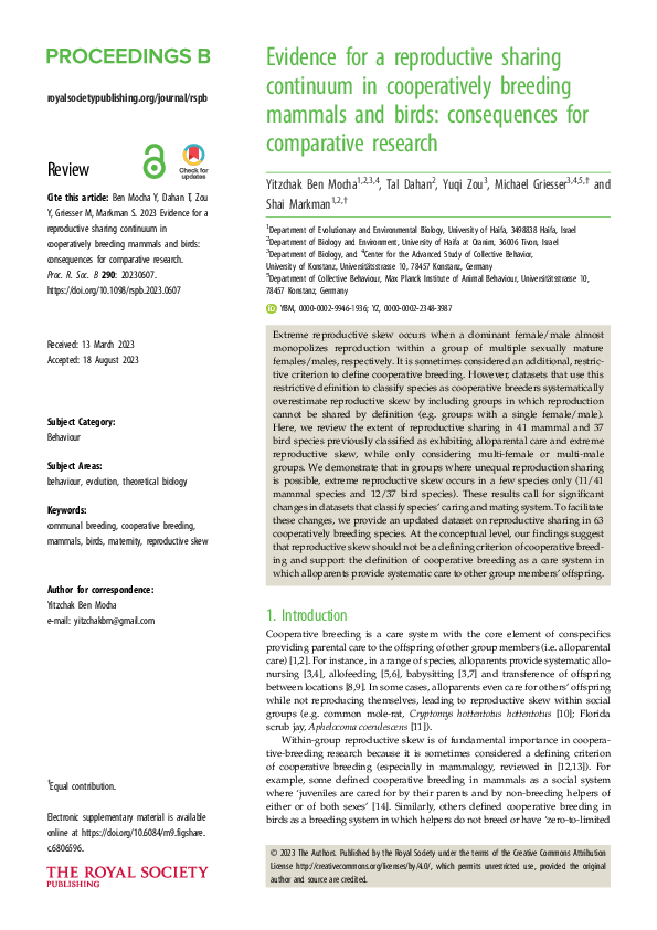(PDF) Evidence for a reproductive sharing continuum in cooperatively ...
