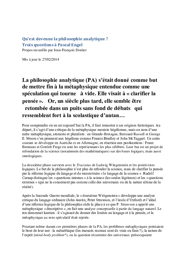 (PDF) Qu'est devenue la philosophie analytique ? Trois questions à ...