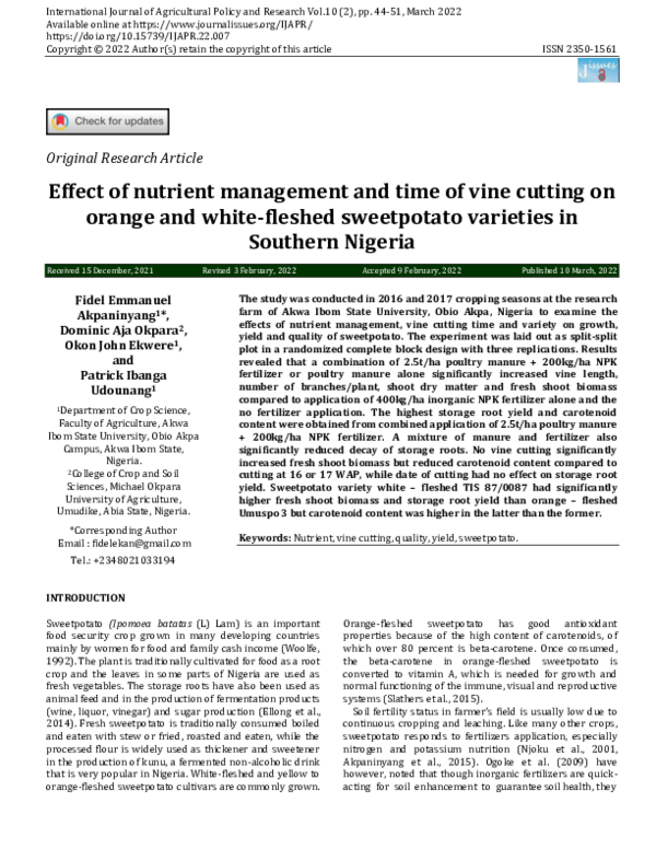 (PDF) Effect of nutrient management and time of vine cutting on orange ...