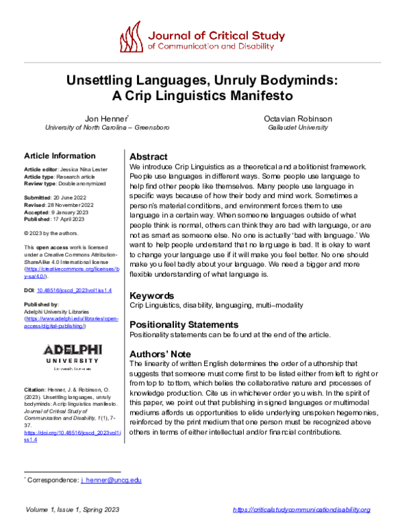 (PDF) Unsettling Languages, Unruly Bodyminds: A Crip Linguistics Manifesto