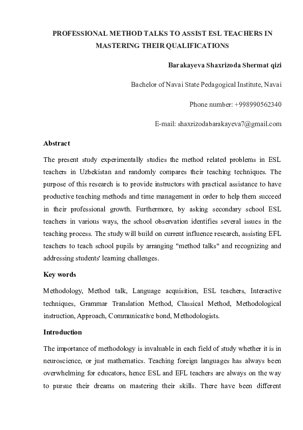 (DOC) PROFESSIONAL METHOD TALKS TO ASSIST ESL TEACHERS IN MASTERING ...