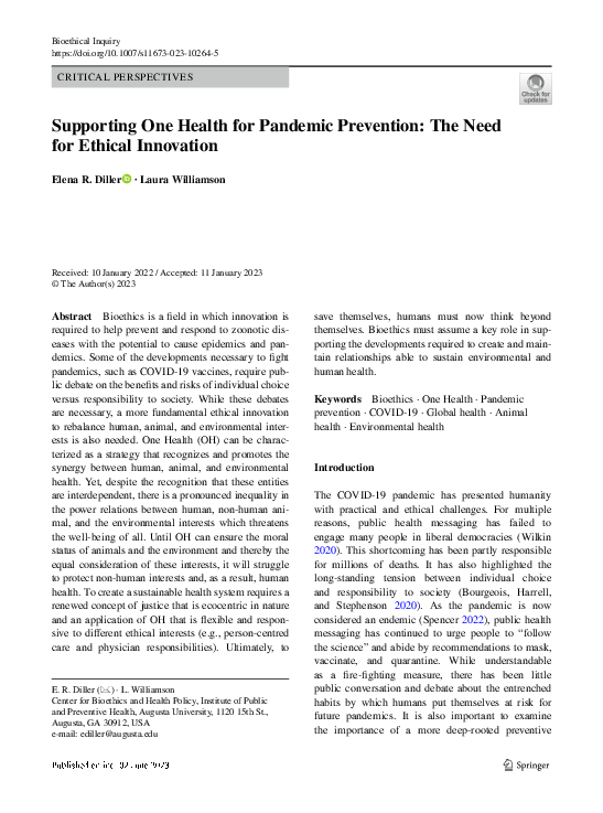 (PDF) Supporting One Health for Pandemic Prevention: The Need for ...