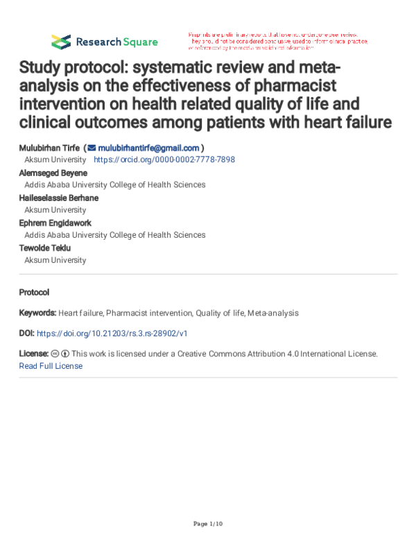 Optimizing Heart Failure Management A Review Of The Clinical Pharmacist Study protocol: systematic review and meta-analysis on the