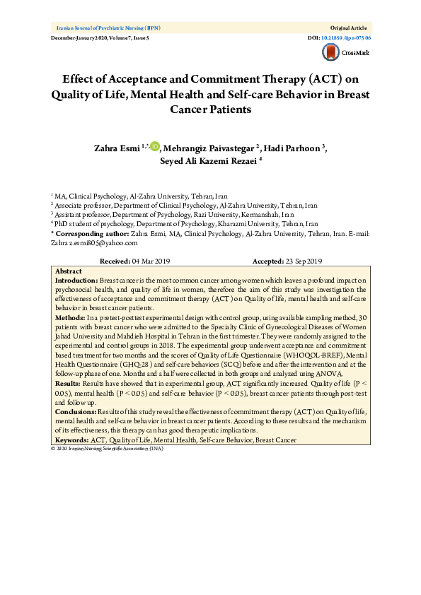 (PDF) Effect of Acceptance and Commitment Therapy (ACT) on Quality of ...