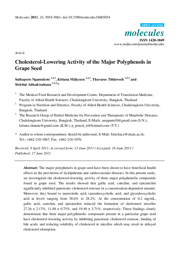 (PDF) Cholesterol-Lowering Activity of the Major Polyphenols in Grape Seed