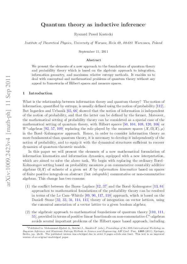 (PDF) Quantum theory as inductive inference
