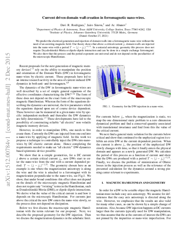 (PDF) Current driven domain wall creation in ferromagnetic nano-wires
