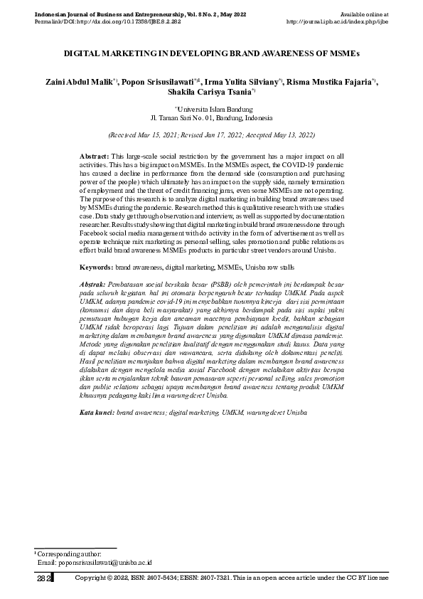 (PDF) Digital Marketing in Developing Brand Awareness of MSMEs