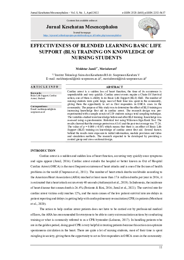 Effectiveness of Blended Learning Basic Life Support (BLS) Training on Knowledge of Nursing Students