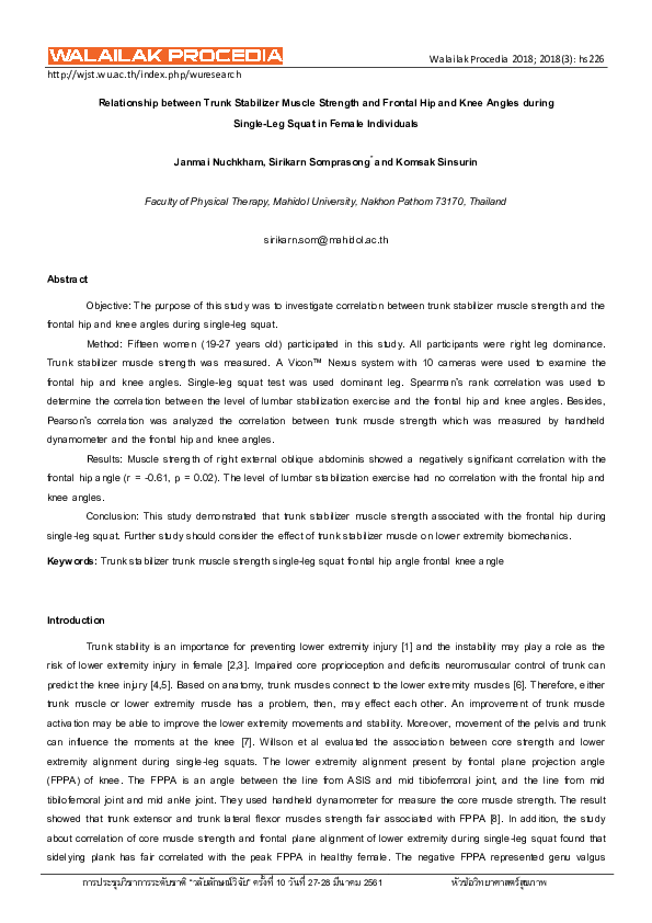 (PDF) Relationship between Trunk Stabilizer Muscle Strength and Frontal ...