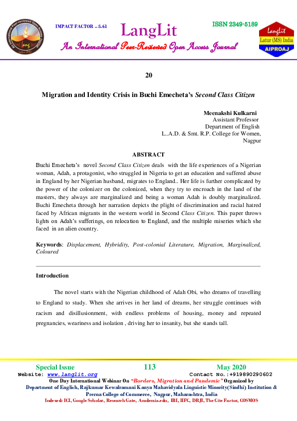 Download Second Class Citizen By Emecheta Pdf (PDF) Migration and Identity Crisis in Buchi Emecheta’s Second Class