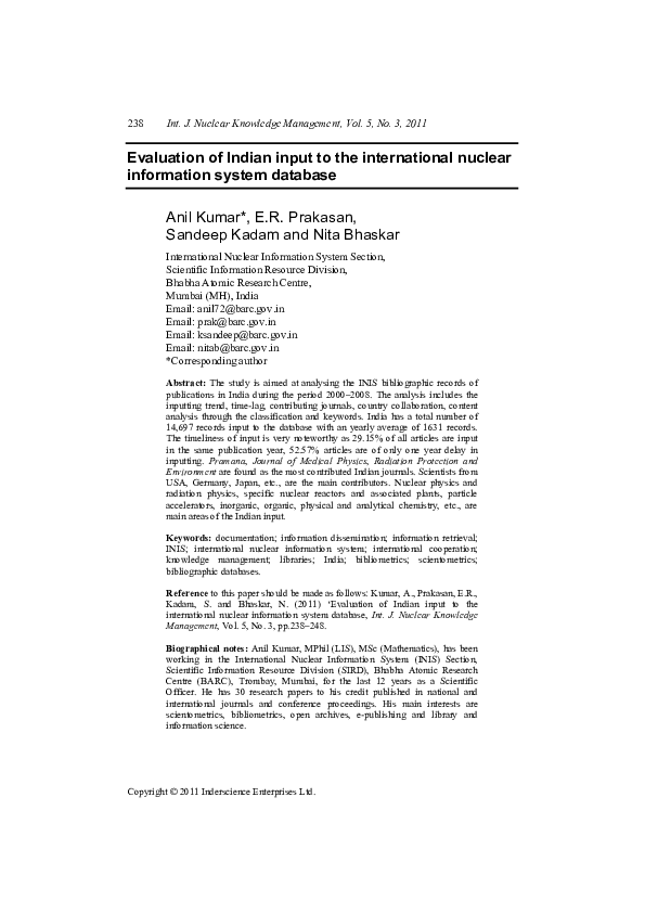 (PDF) Evaluation of Indian input to the international nuclear ...