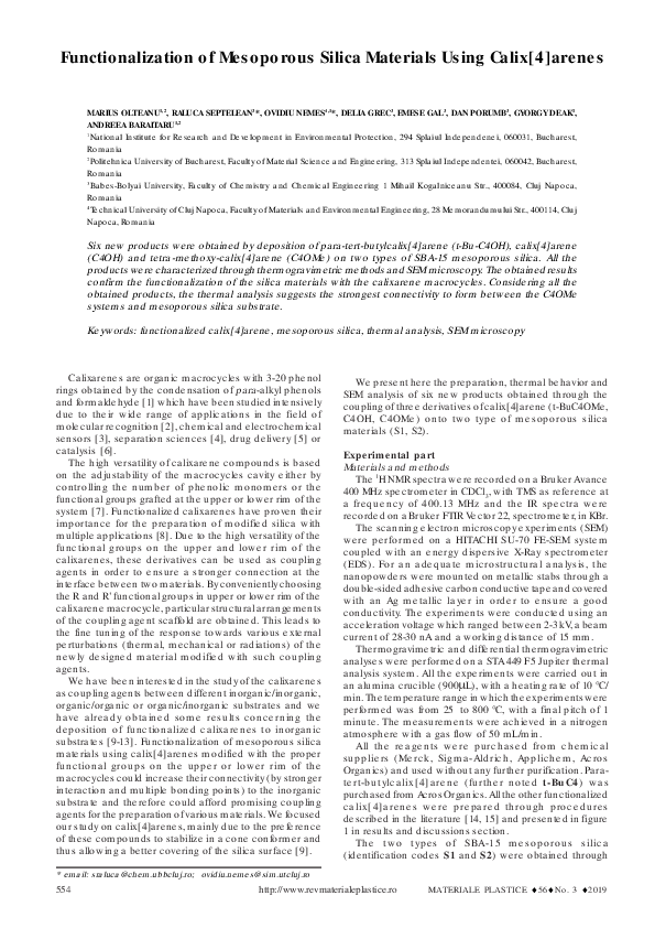 (PDF) Functionalization of Mesoporous Silica Materials Using Calix[4]arenes