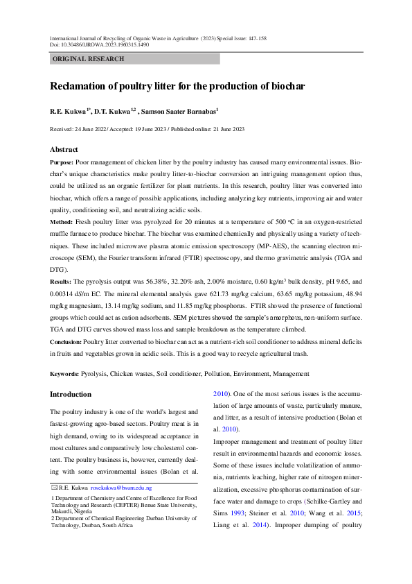 (PDF) Reclamation of poultry litter for the production of biochar