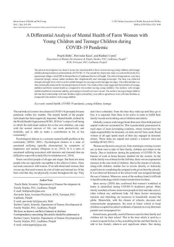(PDF) A Differential Analysis of Mental Health of Farm Women with Young ...