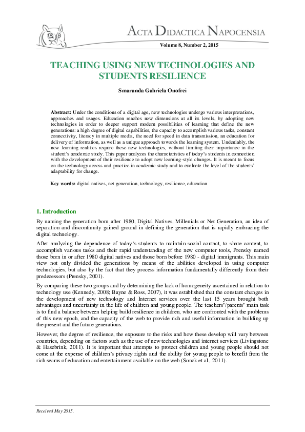 (PDF) Teaching Using New Technologies and Students Resilience