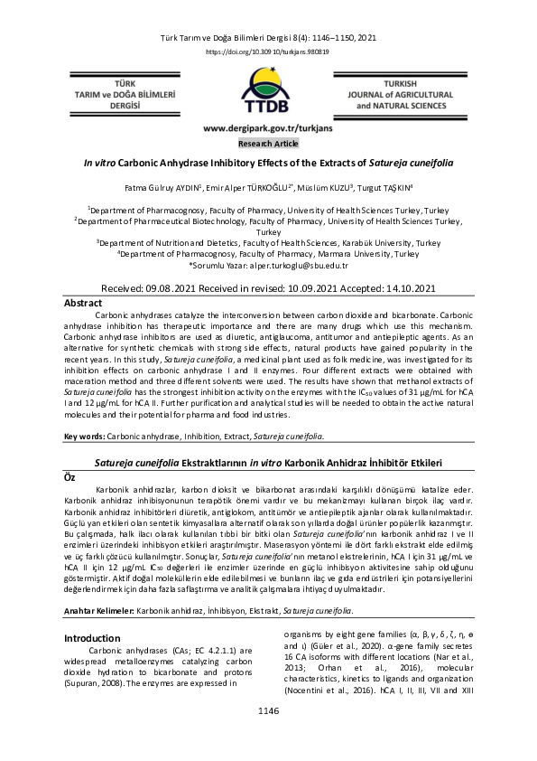 (PDF) In vitro Carbonic Anhydrase Inhibitory Effects of The Extracts of ...
