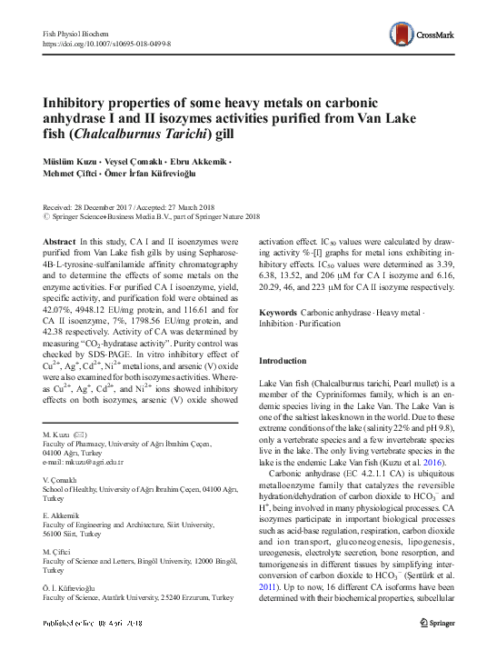 (PDF) Inhibitory properties of some heavy metals on carbonic anhydrase ...