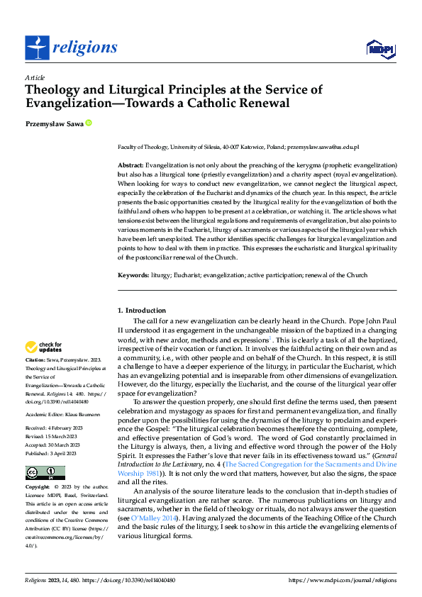 Theology and Liturgical Principles at the Service of Evangelization—Towards a Catholic Renewal