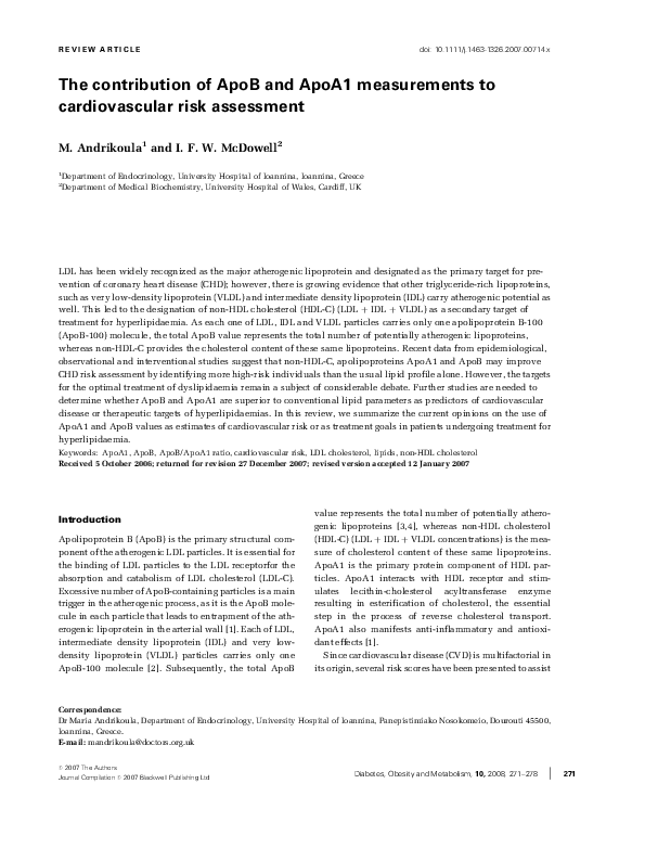 (PDF) The contribution of ApoB and ApoA1 measurements to cardiovascular ...