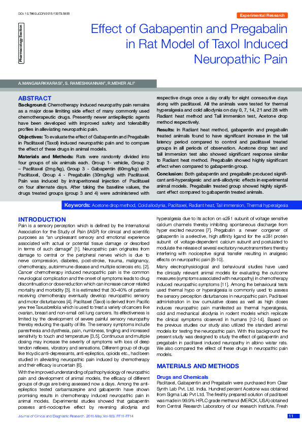 (PDF) Effect of Gabapentin and Pregabalin in Rat Model of Taxol Induced ...