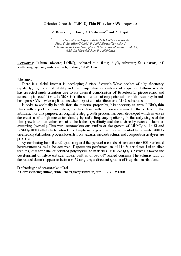(PDF) Oriented Growth of LiNbO 3 Thin Films for SAW Properties