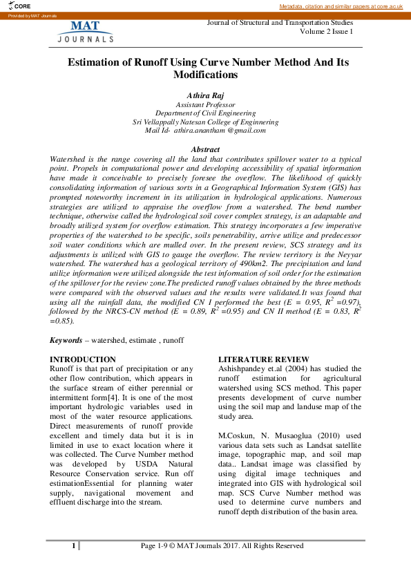 (PDF) Estimation of Runoff Using Curve Number Method And Its Modifications