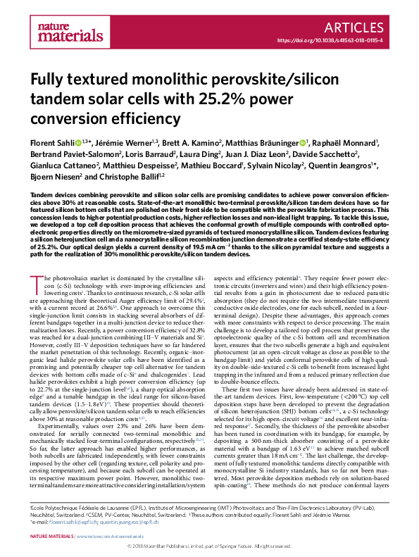 (PDF) Fully Textured Monolithic Perovskite/Silicon Tandem Solar Cells ...