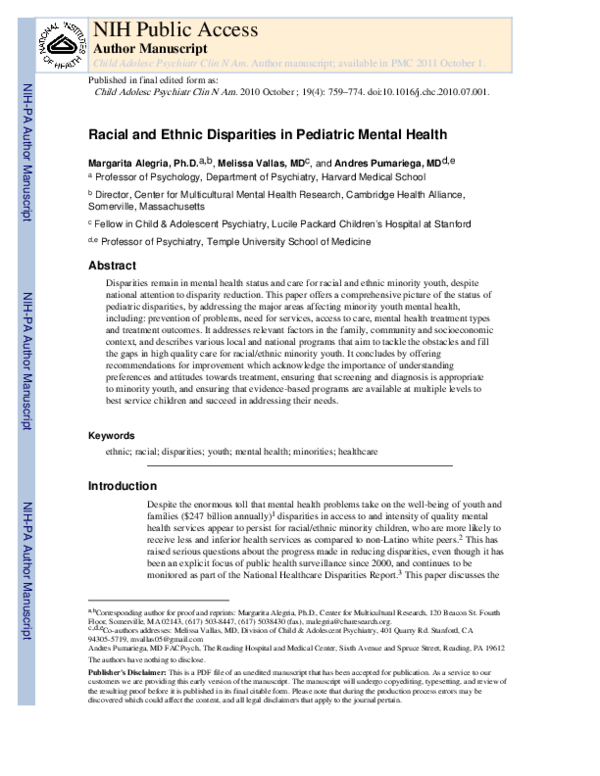 (PDF) Racial and Ethnic Disparities in Pediatric Mental Health