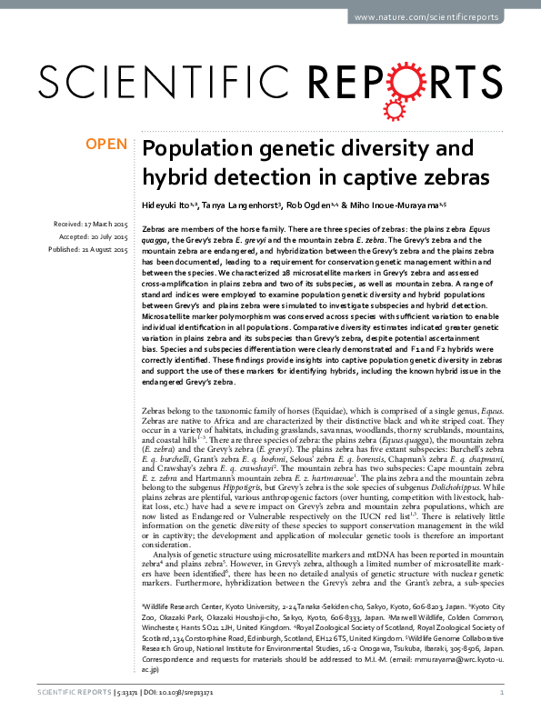 (PDF) Population genetic diversity and hybrid detection in captive zebras