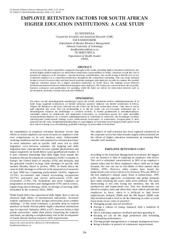 (PDF) Employee Retention Factors For South African Higher Education Institutions A Case Study