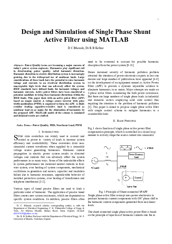 (PDF) Design and Simulation of Single Phase Shunt Active Filter using ...