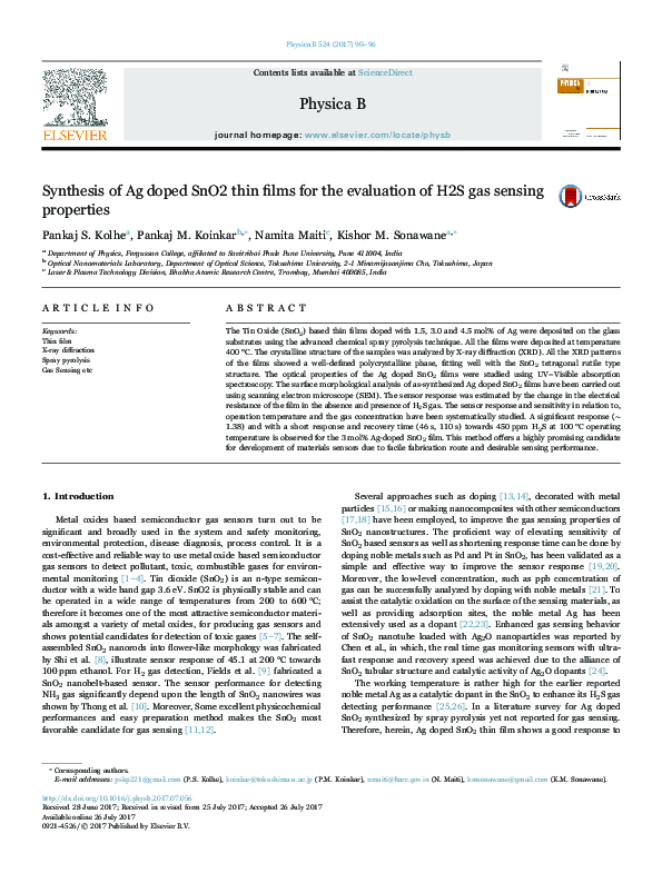 (PDF) Synthesis of Ag doped SnO2 thin films for the evaluation of H2S ...