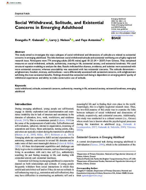 (PDF) Social Withdrawal, Solitude, and Existential Concerns in Emerging ...