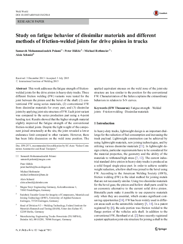 (PDF) Study on fatigue behavior of dissimilar materials and different ...