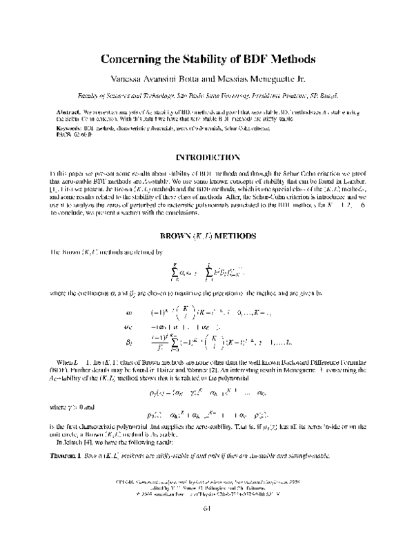 (PDF) Concerning the Stability of BDF Methods