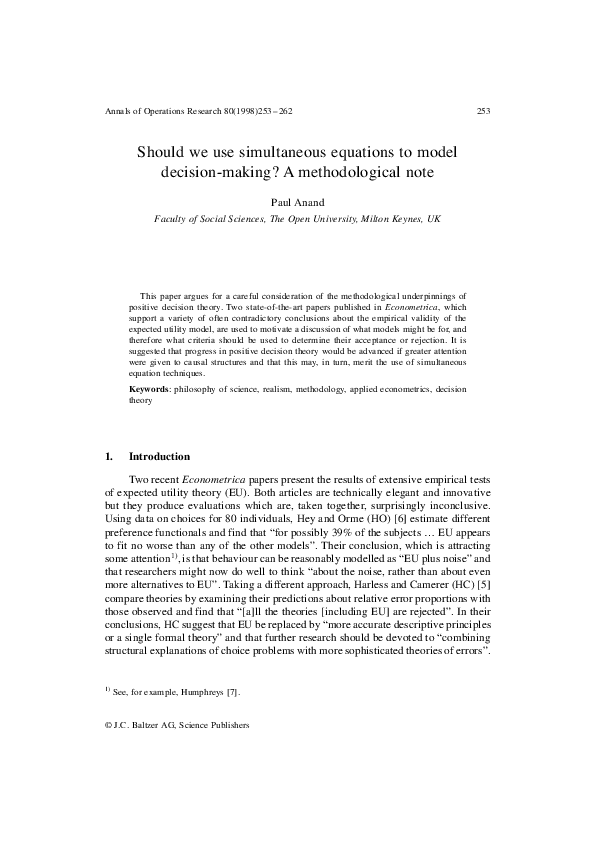(PDF) Should we use simultaneous equations to modeldecision-making? A ...