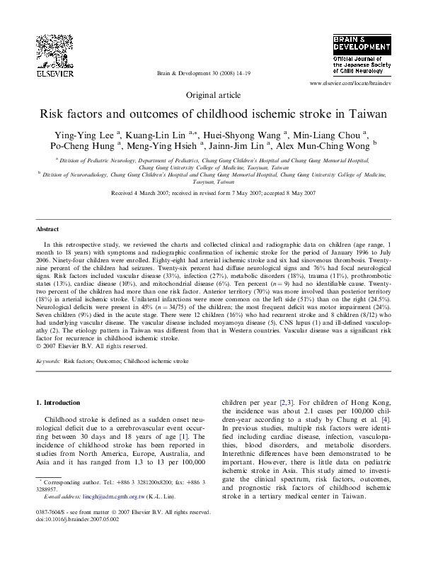 (PDF) Risk factors and outcomes of childhood ischemic stroke in Taiwan