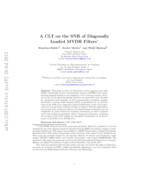(PDF) A CLT on the SNR of Diagonally Loaded MVDR Filters